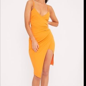 Bright orange wrap front crepe midi dress
